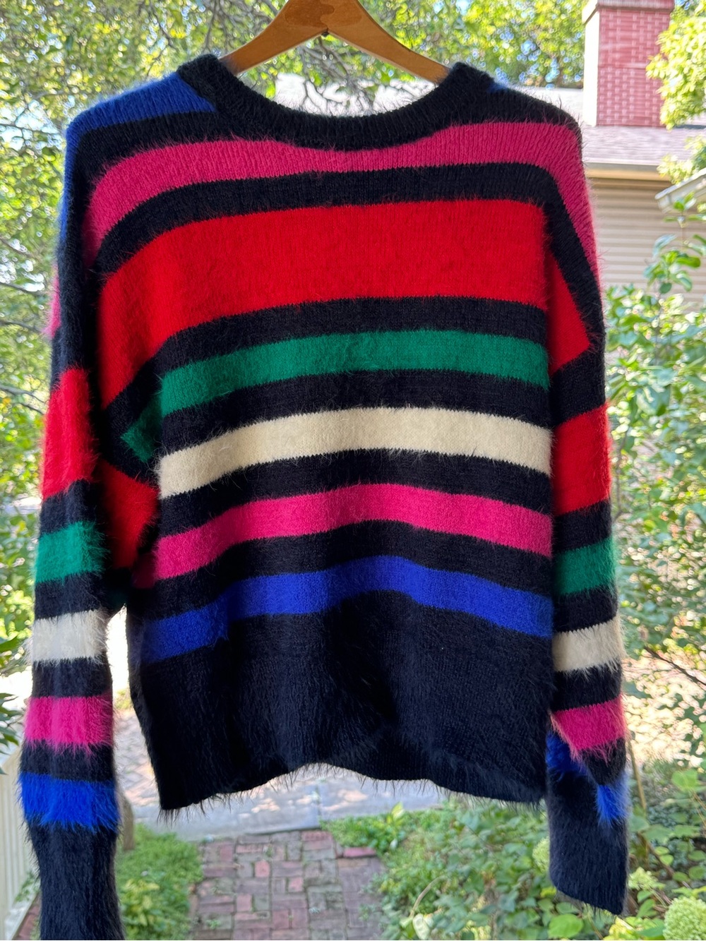 a new day Black Multicolor Fuzzy Striped Crewneck Sweater